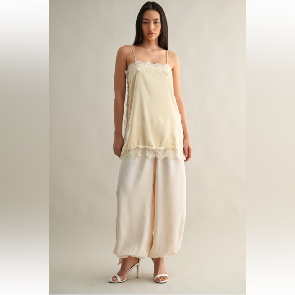 A244. Cream Satin Adjustable Tie Hem Detail Wide Leg Pants - Picture 6 of 6